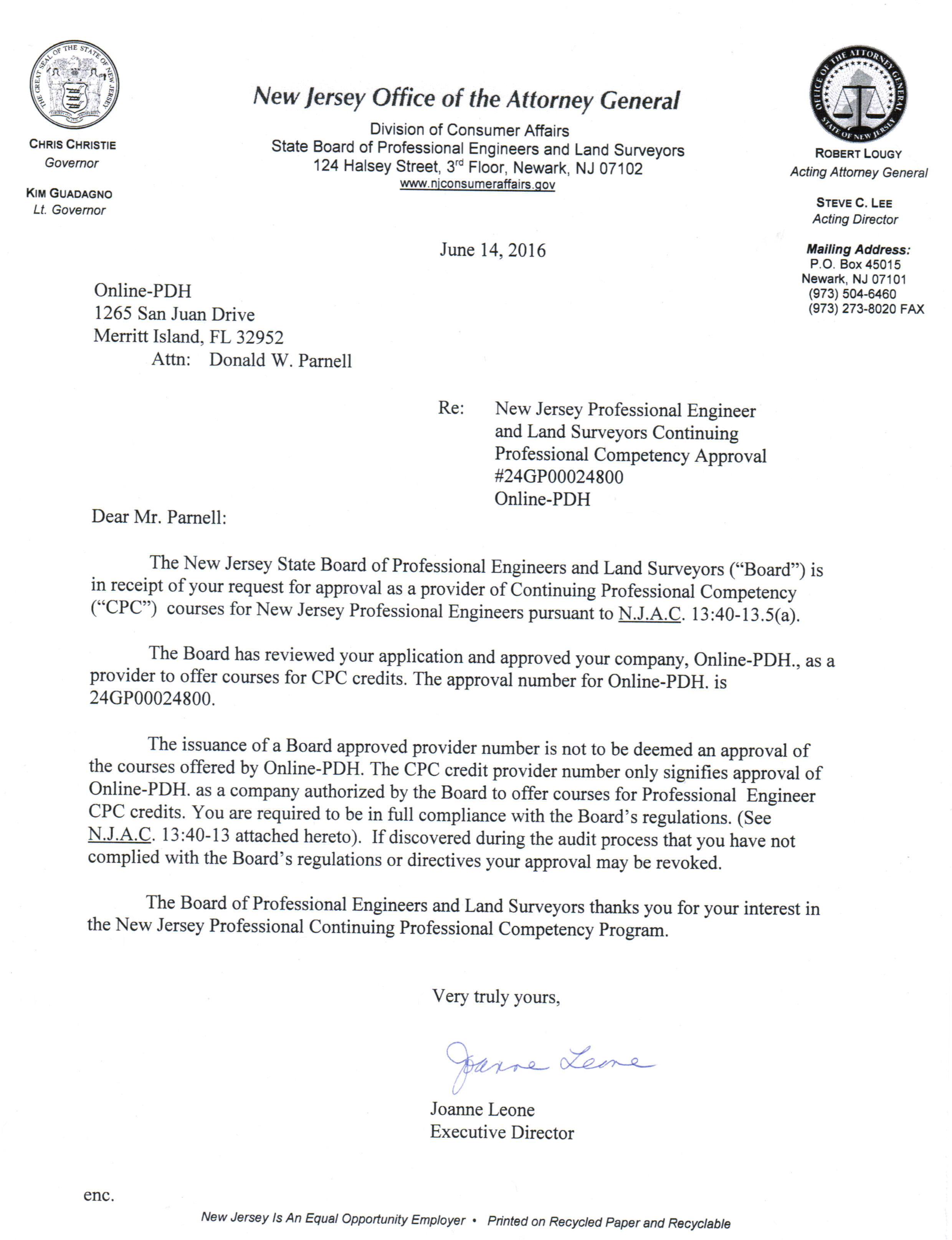 New Jersey Board Approval Letter
